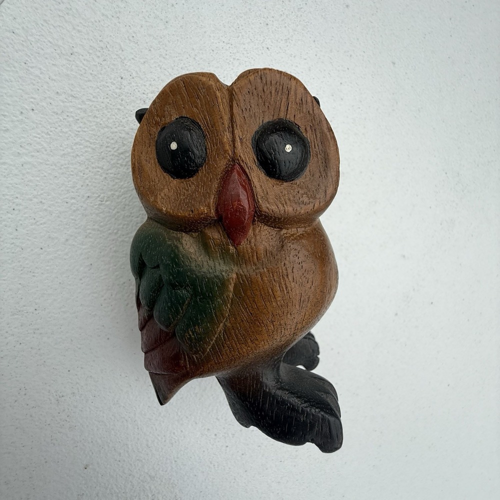 Vintage Folk Art Hand Carved Painted Wood Bird Owl Figurine Primitive‎ 7"